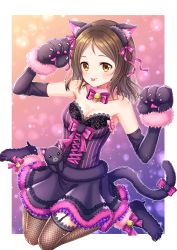 Rule 34 | 1girl, :p, absurdres, animal ear fluff, animal ears, animal hands, armpits, ayase honoka, bare shoulders, bell, black gloves, blush, bow, breasts, brown hair, cat, cat paws, cat tail, choker, cleavage, collar, dress, elbow gloves, fishnet legwear, fishnets, floating, frilled skirt, frills, garter straps, gloves, highres, hiiragi kei, idolmaster, idolmaster cinderella girls, looking at viewer, medium breasts, medium hair, neck bell, paw pose, pink bow, pink ribbon, purple dress, ribbon, sitting, skirt, solo, tail, tail bow, tail ornament, tongue, tongue out, wariza, yellow eyes