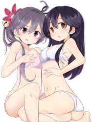 Rule 34 | 10s, 2girls, :o, absurdres, ahoge, akebono (kancolle), ass, bell, black hair, blush, bow, bow bra, bra, breasts, brown eyes, cleavage, collarbone, flower, hair bell, hair flower, hair ornament, hamaken. (novelize), highres, jingle bell, kantai collection, long hair, looking at viewer, multiple girls, navel, open mouth, panties, pink bra, pink panties, pleated skirt, ponytail, purple eyes, purple hair, side ponytail, simple background, skirt, underwear, underwear only, ushio (kancolle), white background, white bra, white panties