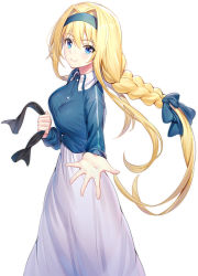 Rule 34 | 1girl, alice zuberg, black ribbon, blue bow, blue eyes, blue hairband, blue shirt, blush, bow, braid, breasts, closed mouth, collared shirt, commentary request, dress shirt, hair between eyes, hair bow, hair intakes, hairband, highres, holding, holding ribbon, long hair, long sleeves, looking at viewer, looking to the side, medium breasts, ribbon, ririko (zhuoyandesailaer), shirt, sidelocks, skirt, smile, solo, sword art online, very long hair, white skirt