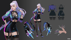 Rule 34 | 1girl, blonde hair, character request, clothing request, commentary, dress, earrings, english commentary, english text, evelynn (league of legends), grey background, high heels, highres, jacket, jason chan, jewelry, k/da (league of legends), league of legends, long hair, looking at viewer, multicolored hair, official alternate costume, pink hair, purple hair, simple background, tagme, thighhighs, white hair, yellow eyes