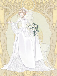 1girl :o blonde_hair bouquet breasts bridal_veil dairoku_ryouhei dress earrings flower full_body grey_nails hair_between_eyes highres holding holding_bouquet jewelry long_sleeves medium_hair pointy_ears seiyakarutaken small_breasts smile solo valda_isildur veil wedding_dress white_dress white_flower