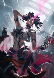 Rule 34 | 1boy, 1girl, absurdres, arm tattoo, arm up, bare arms, bare shoulders, black hair, blurry, blurry foreground, bracelet, chest tattoo, closed mouth, collar, collarbone, crop top, dutch angle, evil smile, falling, fingerless gloves, floating hair, gloves, glowing, glowing eye, han juri, hand on own face, hand up, highres, jewelry, linea alba, lips, looking at another, looking down, midriff, multicolored hair, pants, pink eyes, purple hair, ryu (street fighter), smile, solo focus, spiked bracelet, spiked collar, spikes, stomach, street fighter, tattoo, toned, two-tone hair, wu ben you ai