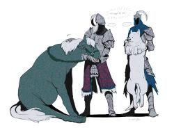 Rule 34 | 2boys, armor, artorias the abysswalker, bloody wolf (elden ring), breastplate, character request, commentary, covered face, dark souls (series), dog, elden ring, faulds, full armor, gauntlets, great grey wolf sif, helmet, horns, horse, armored boots, miso katsu, multiple boys, pauldrons, plume, shoulder armor, simple background, symbol-only commentary, tarnished (elden ring), torrent (elden ring), waist cape, white background, white hair