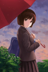 Rule 34 | 1girl, black skirt, blue bag, brown eyes, brown hair, brown jacket, commentary request, from side, highres, hirono (hxze4434), holding, holding umbrella, jacket, long sleeves, looking at viewer, original, outdoors, pleated skirt, short hair, skirt, smile, solo, umbrella
