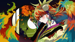 Rule 34 | 1girl, absurdres, berryverrine, blonde hair, blush, commentary request, film grain, from side, full moon, green hair, hair ornament, highres, hololive, hololive english, huge filesize, japanese clothes, kimono, leaf, long hair, moon, multicolored hair, phoenix wings, pink eyes, red hair, streaked hair, takanashi kiara, virtual youtuber, wings