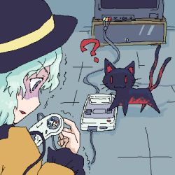 Rule 34 | 1girl, :3, ?, animal ears, aqua hair, cable, cat, cat ears, cat tail, controller, female focus, full body, game console, game controller, gamepad, grey eyes, hat, kaenbyou rin, kaenbyou rin (cat), komeiji koishi, lowres, multicolored fur, multiple tails, non-web source, oekaki, pixel art, playing games, rca connector, red eyes, shaded face, solo, standing, super famicom, super nintendo, tail, television, touhou, trembling, video game, whiskers