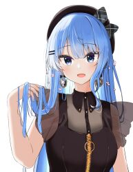 Rule 34 | 1girl, black shirt, blue eyes, blue hair, earrings, frilled sleeves, frills, gold earrings, hair flip, hair ornament, hairpin, highres, hololive, hoshimachi suisei, hoshimachi suisei (shout in crisis), jewelry, long hair, looking at viewer, open mouth, pinomatcha, shirt, short sleeves, smile, solo, upper body, virtual youtuber