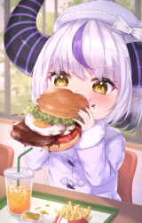Rule 34 | 1girl, absurdres, aged down, bendy straw, beret, blurry, blurry background, blush, bow, brown eyes, burger, burger malfunction, chair, coat, commentary request, cup, demon horns, depth of field, disposable cup, drink, drinking straw, food, food on face, french fries, fried egg, fur-trimmed coat, fur-trimmed sleeves, fur trim, grey coat, grey hair, grey hat, hat, hat bow, highres, holding, holding burger, holding food, hololive, horns, indoors, la+ darknesss, long sleeves, masaki (msk064), multicolored hair, on chair, pointy ears, purple hair, sitting, sleeves past wrists, solo, streaked hair, table, tray, upper body, v-shaped eyebrows, virtual youtuber, white bow, window