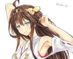 Rule 34 | 10s, 1girl, adjusting hair, ahoge, armpits, arms up, bad id, bad pixiv id, bare shoulders, blue eyes, brown hair, double bun, headgear, kanden sky, kantai collection, kongou (kancolle), nontraditional miko, smile, solo, twitter username, upper body, white background