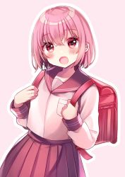 Rule 34 | 1girl, :d, backpack, bad id, bad pixiv id, bag, blush, brown sailor collar, brown skirt, commentary request, hair between eyes, hands up, highres, holding strap, long sleeves, looking at viewer, minami saki, open mouth, original, outline, pink background, pink hair, pleated skirt, randoseru, red eyes, sailor collar, school uniform, serafuku, shirt, short hair, skirt, smile, solo, white outline, white shirt