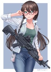 Rule 34 | absurdres, blouse, blush, breasts, brown hair, collarbone, commentary request, contrapposto, denim, eotech, fn minimi, glasses, green eyes, gun, highres, id card, jeans, kzm (sub-moa works), light machine gun, long hair, long sleeves, looking at viewer, machine gun, medium breasts, open clothes, open shirt, original, pants, reflex sight, see-through, shirt, signature, simple background, smile, squad automatic weapon, tank top, weapon