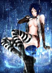 Rule 34 | boots, breasts, cleavage, fingerless gloves, gloves, green eyes, highres, marie (persona 4), no bra, open clothes, open shirt, persona, persona 4, persona 4 the golden, rain, shirt, striped clothes, striped gloves, striped legwear, torn clothes