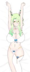 Rule 34 | 1girl, armpits, arms up, bed, bed sheet, bra, breasts, ceres fauna, cleavage, collar, earrings, estherelaitea, flower, flower on head, green hair, hair ornament, highres, holocouncil, hololive, hololive english, jewelry, large breasts, lingerie, long hair, mole, mole under eye, navel, underwear, virtual youtuber, white bra, yellow eyes