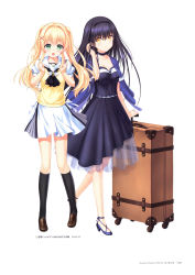 Rule 34 | 2girls, absurdres, black hair, black legwear, blonde hair, breasts, brown footwear, choker, clenched hands, collarbone, copyright name, dated, dress, full body, green eyes, hair ornament, hairband, hands up, high heels, highres, kushima kamome, loafers, long hair, looking at viewer, medium breasts, multiple girls, na-ga, nagayama yuunon, official art, open mouth, page number, scan, school uniform, shoes, short sleeves, simple background, skirt, smile, socks, suitcase, summer pockets, tsumugi wenders, twintails, x hair ornament, yellow eyes