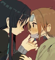 Rule 34 | 2girls, bandage on face, bandages, black hair, blush, bow, closed mouth, eye contact, highres, long hair, looking at another, mask, mask pull, meimeiner, mouth mask, multiple girls, original, profile, red bow, short hair