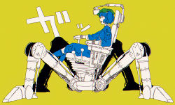 Rule 34 | 1girl, blue hair, boots, full body, gloves, hair bobbles, hair ornament, hat, huyukai higeta, kawashiro nitori, long sleeves, machine, machinery, mecha, non-humanoid robot, open mouth, profile, robot, rubber boots, shirt, simple background, sitting, skirt, skirt set, smile, solo, sweatdrop, touhou, twintails, walker (robot), yellow background