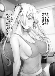 Rule 34 | 1girl, areola slip, blush, breasts, check translation, cleavage, collarbone, commentary request, fingernails, food, gentsuki, greyscale, hair intakes, hair ornament, hair scrunchie, highres, holding, holding food, indoors, licking, long hair, looking at viewer, medium breasts, midriff peek, monochrome, open mouth, original, popsicle, scrunchie, short shorts, shorts, solo, speech bubble, thighhighs, translation request, twintails