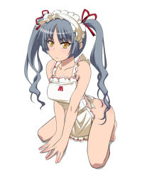 Rule 34 | 1girl, apron, bad id, bad pixiv id, bare shoulders, breasts, hayashi custom, maid headdress, maria holic, naked apron, own hands together, parted bangs, shinouji matsurika, silver hair, simple background, sitting, solo, spread legs, twintails, white background, yellow eyes