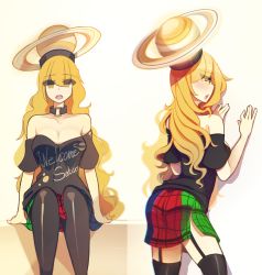 Rule 34 | 1girl, blonde hair, breasts, choker, cleavage, english text, garter straps, hand on wall, hecatia lapislazuli, highres, kaliningradg, large breasts, leaning forward, long hair, multicolored clothes, multicolored skirt, off-shoulder shirt, off shoulder, plaid, plaid skirt, saturn (planet), shirt, skirt, thighhighs, touhou, yellow eyes