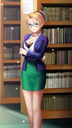 Rule 34 | 1girl, belt, black-framed eyewear, black bra, blonde hair, blue eyes, bookshelf, bra, breasts, brown belt, cleavage, closed mouth, collarbone, cropped arms, day, doukyuusei another world, dress shirt, game cg, glasses, green skirt, hair intakes, indoors, jacket, jewelry, kakyuusei 2, large breasts, library, long sleeves, miniskirt, necklace, official art, open clothes, open jacket, pencil skirt, purple jacket, shirt, short hair, skirt, smile, solo, sparkle, standing, underwear, white shirt, yokomizo fumi