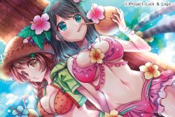 Rule 34 | 10s, 2girls, :o, aqua eyes, bead bracelet, bead necklace, beads, bendy straw, between breasts, bikini, black hair, blue flower, blue sky, blurry, bracelet, braid, breasts, brown eyes, brown hair, cleavage, cloud, clover, clover hair ornament, coconut, coconut tree, copyright name, cropped jacket, day, depth of field, drawstring, drink, drinking, drinking straw, dutch angle, eyelashes, fingernails, flower, food, four-leaf clover, frills, fruit, fruit cup, green jacket, hair flower, hair ornament, hair over shoulder, hair tie, hat, hexagon, hibiscus, holding, hood, hood down, hooded jacket, jacket, jewelry, large breasts, leaf, lens flare, long fingernails, long hair, looking at viewer, looking away, low twintails, luck &amp; logic, mouth hold, multiple girls, nail polish, nanahoshi yukari, navel, necklace, open clothes, open jacket, orange bikini, outdoors, palm tree, parted lips, pink bikini, pink flower, polka dot, polka dot bikini, red flower, red nails, sharp fingernails, shell, shell necklace, shiny skin, side braid, single braid, sky, stomach, straw hat, summer, swept bangs, swimsuit, teltelhousi, tree, twin braids, twintails, under tree, underboob, watermark, yellow flower, yurine tamaki