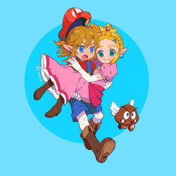 Rule 34 | 1boy, 1girl, absurdres, blonde hair, blue background, blue eyes, blue overalls, blue shorts, boots, border, braid, brown footwear, carrying, closed mouth, commentary, cosplay, crown, crown braid, dated, dress, earrings, elbow gloves, english commentary, floating hair, full body, gloves, green eyes, hair between eyes, hat, highres, jewelry, link, mario, mario (cosplay), mario (series), medium hair, mini crown, nervous, nintendo, open mouth, overall shorts, overalls, paragoomba, parted bangs, pink dress, pointy ears, princess carry, princess peach, princess peach (cosplay), princess zelda, puffy short sleeves, puffy sleeves, red headwear, red shirt, round border, running, rutiwa, shirt, short hair, short sleeves, shorts, sidelocks, simple background, sphere earrings, super mario bros. 1, the legend of zelda, the legend of zelda: breath of the wild, tusks, two-tone background, v-shaped eyebrows, wavy mouth, white gloves, wings