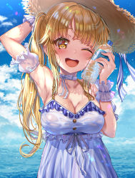 Rule 34 | 1girl, ;d, arm behind head, arm up, armpits, bang dream!, bare shoulders, blue sky, blunt bangs, blush, bottle, bottle to cheek, breasts, brown eyes, brown hair, brown hat, cleavage, cloud, collarbone, commentary request, day, detached sleeves, dress, frilled dress, frilled sleeves, frills, hat, highres, holding, holding bottle, horizon, kamita, large breasts, long hair, looking at viewer, ocean, one eye closed, open mouth, outdoors, puffy short sleeves, puffy sleeves, round teeth, short sleeves, side ponytail, sidelocks, sky, sleeveless, sleeveless dress, smile, solo, straw hat, sunlight, teeth, tsurumaki kokoro, upper teeth only, water, water bottle, wet, wet clothes, wet dress, white dress, wrist cuffs
