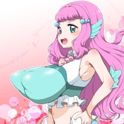 Rule 34 | 1girl, :d, blue eyes, bracelet, breasts, commentary request, covered erect nipples, fins, gradient background, hand on own hip, head fins, huge breasts, jewelry, laura (precure), long hair, looking at viewer, mermaid, midriff, monster girl, navel, open mouth, pink background, pink hair, precure, smile, solo, teeth, tropical-rouge! precure, upper teeth only, zootan