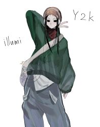 Rule 34 | 1boy, alternate costume, bag, beanie, black eyes, black hair, casual, character name, cowboy shot, expressionless, green sweater, hat, headphones, highres, hunter x hunter, illumi zoldyck, long hair, long sleeves, looking at viewer, male focus, shoulder bag, simple background, solo, sweater, v, white background, ziyuuuuuuda
