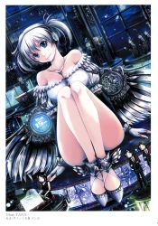 Rule 34 | 2girls, absurdres, bare shoulders, blue eyes, cello, dress, drum, dutch angle, fingerless gloves, flute, full body, giant, giantess, gloves, grey hair, head tilt, highres, instrument, knees to chest, knees to chest, legs, legs together, looking at viewer, magic, multiple boys, multiple girls, off-shoulder dress, off shoulder, orchestra, piano, short twintails, solo focus, tana (garyuh-chitai), timpani, trombone, trumpet, twintails, violin, white dress