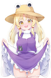 Rule 34 | 1girl, animal print, blonde hair, blush, breasts, clothes lift, commentary, cowboy shot, fang, frilled skirt, frills, frog print, gluteal fold, googly eyes, hat, lifting own clothes, long hair, looking at viewer, medium breasts, moriya suwako, open mouth, panties, panty pull, purple skirt, purple vest, rururiaru, shirt, skin fang, skirt, skirt lift, skirt set, solo, touhou, underwear, vest, white background, white panties, white shirt, wide sleeves