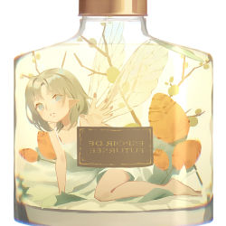 Rule 34 | 1girl, bare arms, bare shoulders, barefoot, blue eyes, blue wings, bottle, brown hair, dress, echosdoodle, flower, hand up, in bottle, in container, insect wings, looking at viewer, mini person, minigirl, mirrored text, orange flower, original, parted lips, pointy ears, sign, sleeveless, sleeveless dress, solo, transparent, transparent wings, white dress, wings