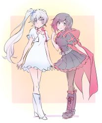 Rule 34 | 2girls, alternate costume, black footwear, black hair, boots, cape, commentary, earrings, flat chest, frilled skirt, frills, streaked hair, iesupa, jacket, jewelry, knee boots, multicolored hair, multiple girls, necklace, pantyhose, parody, red hair, ruby rose, rwby, skirt, weiss schnee, white footwear, white hair