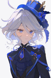 Rule 34 | 1girl, ahoge, air bubble, artist name, ascot, black shirt, blue ascot, blue bow, blue eyes, blue gemstone, blue hair, blue hat, blue jacket, blush, bow, brooch, bubble, closed mouth, commentary request, drop-shaped pupils, expressionless, eyelashes, furina (genshin impact), gem, genshin impact, hair between eyes, hair intakes, hat, hat bow, heterochromia, highres, jacket, jewelry, lapels, long sleeves, looking at viewer, mismatched pupils, multicolored hair, parted bangs, satsuki (miicat), shirt, short hair, sidelocks, simple background, solo, streaked hair, swept bangs, symbol-shaped pupils, tilted headwear, top hat, twitter username, upper body, white background, white hair