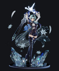 Rule 34 | 1girl, 3d, absurdres, arms up, blue hair, bodysuit, boots, cape, eula (genshin impact), feathers, genshin impact, gloves, glowing, greatsword, hairband, high heel boots, high heels, highres, holding, holding sword, holding weapon, ice, leg up, leotard, long sleeves, looking to the side, medium hair, multicolored eyes, pablo dobarro, see-through, see-through leotard, snowflakes, solo, sword, thigh boots, thigh strap, thighhighs, transparent, vision (genshin impact), weapon