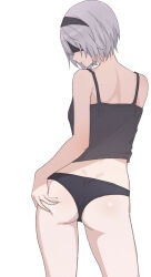Rule 34 | 1girl, 2b (nier:automata), ass, ass grab, back, bare shoulders, bario, black blindfold, black camisole, black hairband, black panties, blindfold, camisole, covered eyes, cowboy shot, from behind, hairband, hand on own ass, highres, looking back, mole, mole under mouth, nier:automata, nier (series), panties, short hair, simple background, solo, underwear, white background, white hair