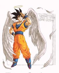 Rule 34 | 1boy, angel wings, black hair, blue footwear, blue shirt, boots, catdestroyer, dougi, dragon ball, dragonball z, feathered wings, halo, highres, orange pants, orange shirt, pants, salute, shirt, signature, simple background, solo, son goku, thank you, white background, wings