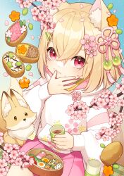 Rule 34 | 1girl, :t, animal ear fluff, animal ears, aona (noraneko), beans, bento, blonde hair, blue background, bob cut, carrot, cherry blossoms, cherry tomato, chicken (food), cowboy shot, cup, eating, egg (food), falling petals, floral print, flower, flower knot, food, food art, food on face, fox, fox ears, fox girl, fox tail, fried chicken, gradient background, hair between eyes, hair flower, hair ornament, hairclip, hanami, hand on own face, highres, holding, holding cup, hood, hood down, hoodie, inarizushi, original, petals, pink eyes, pink flower, pink skirt, pleated skirt, sitting, skirt, softboiled egg, solo, sushi, tail, tassel, tassel hair ornament, tea, thermos, tomato, white hoodie, wiping mouth