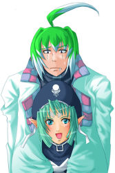 Rule 34 | 00s, 1boy, 1girl, :d, ahoge, aqua eyes, aqua hair, blush, closed mouth, demonbane, doctor west, elsa, frown, hat, height difference, long sleeves, looking at viewer, open mouth, pointy ears, short hair, smile, tate eboshi, tunic