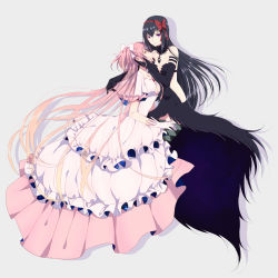 Rule 34 | 10s, 2girls, akemi homura, akuma homura, argyle, argyle clothes, argyle legwear, bare shoulders, black gloves, black hair, bow, choker, dress, elbow gloves, gloves, grey background, hair bow, hand on another&#039;s cheek, hand on another&#039;s face, highres, iketsuko, kaname madoka, long dress, long hair, looking at another, looking at viewer, mahou shoujo madoka magica, mahou shoujo madoka magica: hangyaku no monogatari, multiple girls, pink hair, purple eyes, simple background, smile, spoilers, thighhighs, two side up, ultimate madoka, very long hair, white dress, white gloves, yellow eyes, yuri, zettai ryouiki