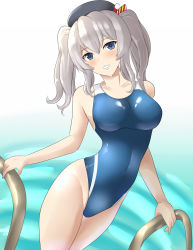 Rule 34 | 1girl, bad id, bad pixiv id, beret, black hat, blue eyes, breasts, competition swimsuit, cowboy shot, hat, highleg, highleg swimsuit, highres, kantai collection, kashima (kancolle), large breasts, looking at viewer, one-piece swimsuit, pachio, parted lips, sidelocks, silver hair, solo, swimsuit, twintails, wavy hair