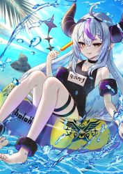 Rule 34 | 1girl, :q, ahoge, anklet, bare legs, bare shoulders, barefoot, black choker, black one-piece swimsuit, braid, choker, crow (la+ darknesss), day, demon horns, food, grey hair, hair between eyes, highres, holding, holding food, hololive, horns, inari (ambercrown), inflatable armbands, innertube, jewelry, la+ darknesss, long hair, looking at viewer, multicolored hair, one-piece swimsuit, outdoors, pointy ears, popsicle, purple hair, sitting, solo, streaked hair, swim ring, swimsuit, thigh strap, tongue, tongue out, very long hair, virtual youtuber, water, yellow eyes