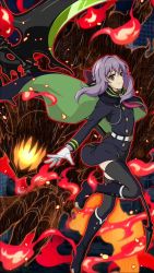 Rule 34 | 10s, 1girl, belt, black dress, black gloves, black thighhighs, bow, brown eyes, cape, dress, fire, floating hair, full body, gloves, hair bow, hiiragi shinoa, holding, holding weapon, leg up, long hair, looking at viewer, military, military uniform, outstretched arm, owari no seraph, purple bow, purple hair, scythe, short dress, smile, solo, standing, standing on one leg, thighhighs, uniform, weapon, zettai ryouiki