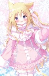 Rule 34 | 1girl, :d, animal ear fluff, animal ears, blonde hair, blush, bow, cat ears, cat girl, cat tail, coat, commentary request, fang, frilled thighhighs, frills, fur-trimmed sleeves, fur trim, hair between eyes, hair bow, long hair, long sleeves, looking at viewer, mittens, one side up, open mouth, original, pink bow, pink coat, pink mittens, purple eyes, shiratama (shiratamaco), smile, snowflakes, solo, tail, thighhighs, transparent, very long hair, white thighhighs