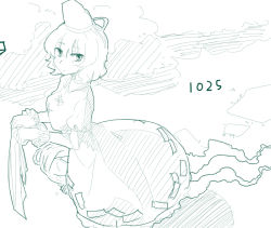 Rule 34 | 1girl, breasts, dress, female focus, ghost tail, hat, holding, juliet sleeves, long sleeves, looking at viewer, monochrome, puffy sleeves, short hair, sketch, soga no tojiko, solo, takuzui, touhou