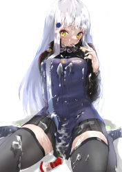 Rule 34 | 1girl, absurdres, blunt bangs, condensed milk, cream, dripping, facial mark, food on body, girls&#039; frontline, green eyes, highres, hk416 (girls&#039; frontline), jacket, long hair, military jacket, open mouth, plaid, plaid skirt, saliva, saliva trail, sexually suggestive, sitting, skirt, suggestive fluid, takami (pixiv66994751), teardrop, teardrop facial mark, teardrop tattoo, thighhighs, tongue, tongue out, wariza, white hair