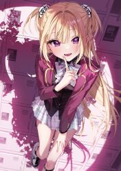 Rule 34 | 1girl, ankle socks, black shirt, blazer, blonde hair, blush, bow, breasts, buttons, calflet, chigusa minori, commentary request, cowboy shot, dappled sunlight, dress shirt, fangs, finger to mouth, getabako, hand on own leg, highres, jacket, long hair, looking at viewer, medium breasts, official art, onii-sama wa nazo o aiseru tantei desu ka, open clothes, open jacket, open mouth, pink jacket, plaid, plaid bow, plaid skirt, pleated skirt, purple eyes, school, school uniform, shirt, shoes, skirt, smile, socks, sunlight, two side up, vampire