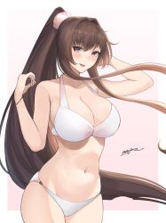 Rule 34 | 1girl, artist name, bikini, breasts, brown hair, cleavage, collarbone, gradient background, hair intakes, highres, kantai collection, large breasts, long hair, looking at viewer, navel, odachu, official alternate costume, pink background, pink eyes, ponytail, scrunchie, sidelocks, solo, swimsuit, very long hair, white bikini, yamato (kancolle), yamato kai ni (kancolle)