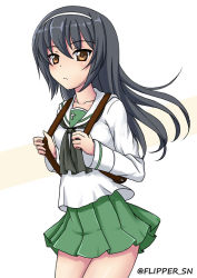 Rule 34 | 1girl, backpack, bag, black hair, black neckerchief, blouse, brown eyes, closed mouth, commentary, cowboy shot, flipper, frown, girls und panzer, green skirt, hairband, long hair, long sleeves, looking at viewer, miniskirt, neckerchief, one-hour drawing challenge, ooarai school uniform, pleated skirt, reizei mako, school uniform, serafuku, shirt, skirt, solo, standing, twitter username, white background, white hairband, white shirt
