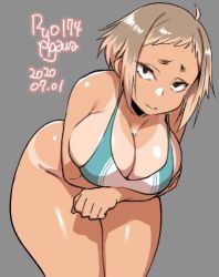 Rule 34 | 1girl, 2020, agawa ryou, artist name, bare shoulders, black eyes, breasts, brown hair, cleavage, commentary, curvy, dated, frown, grey background, large breasts, leaning forward, looking at viewer, original, short hair, signature, simple background, solo, tan, tani tsukune, thick thighs, thighs, wide hips
